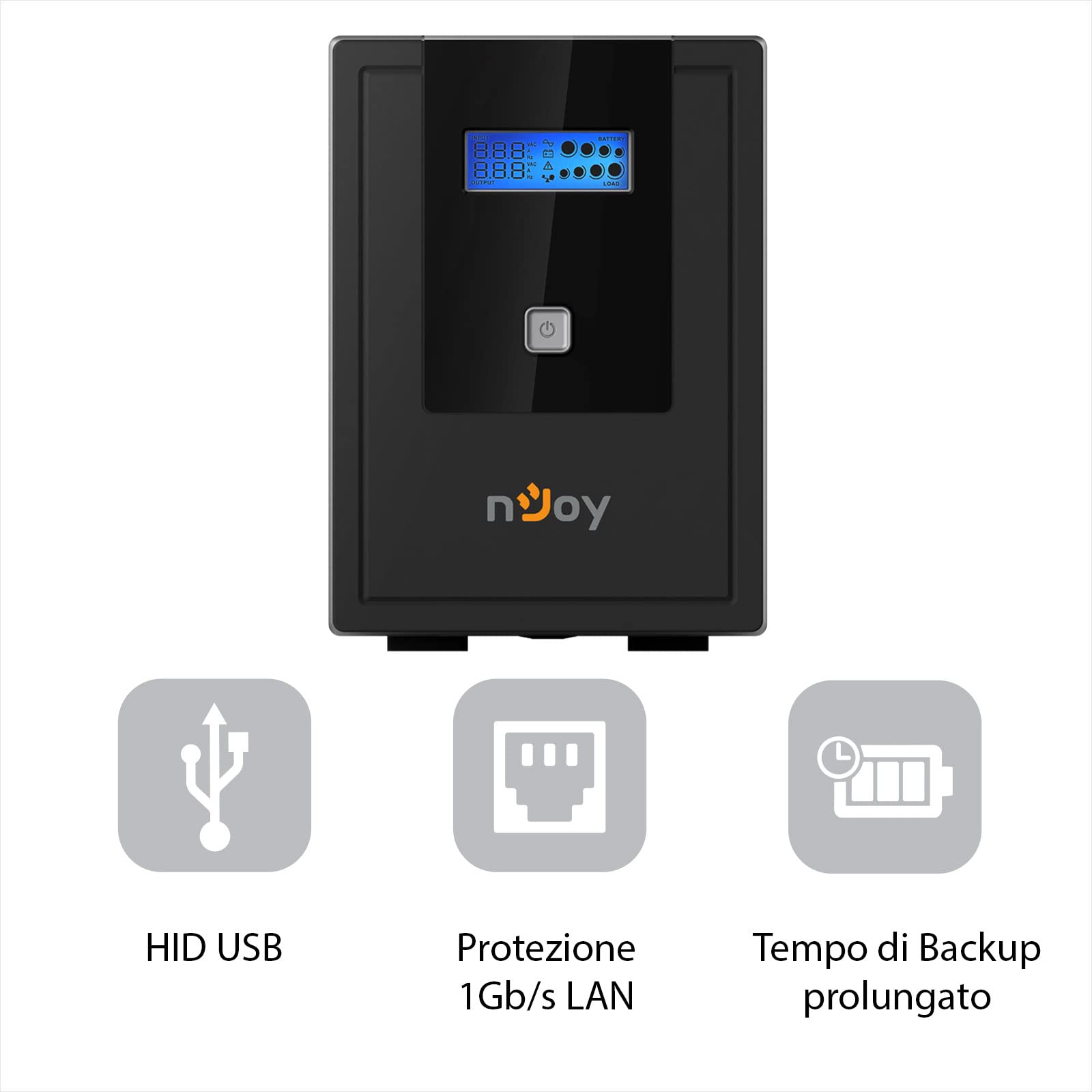 NJOY Cadu 2000 Gruppo di Continuità 2000VA 1200W | Line Interactive AVR | Display LCD | HID USB + Software | Protezione LAN 1Gb/s | 4 Schuko | 2 Batterie 12V 9Ah | UPS Server NAS Workstation
