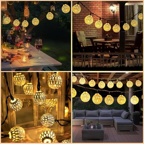 EHIOG Solar Lichterkette Aussen 7M 50 LED – IP65 Wasserdichte Lichterkette Außen mit 8 Modi, Kugel Design, Solarbetrieben für Garten, Balkon, Terrasse, Hochzeit, Party, Warmweiß [Energieklasse F]
