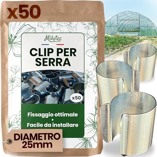 50 clip per serra diametro 25 mm in acciaio zincato, clip di fissaggio metallo per telone serra tunnel, protezione piantine piantagioni, resistenza vento tempeste