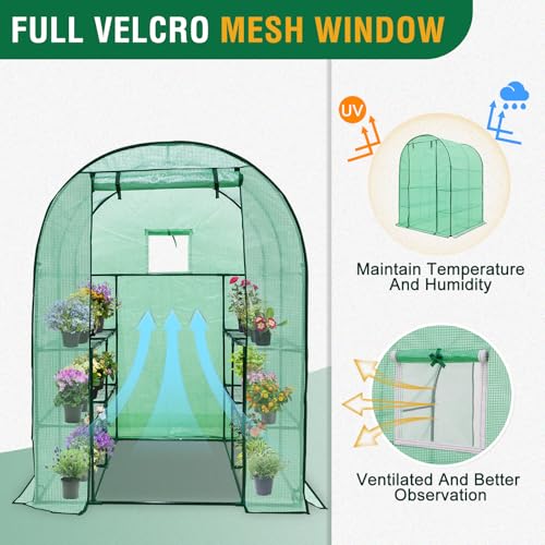Image of EAGLE PEAK 3-Tier Walk in Portable Greenhouse with 8 Wire Shelves, Indoor and Outdoor Garden House with Roll Up Zipper Door and Windows, Easy Set Up, 56.3 inchx56.3 inchx76.8 inch, Clear /Green PE Cover