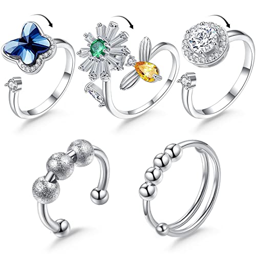 5 Pieces Anxiety Spinner Rings Adjustable Rotatable Rings Rotatable Mood Rings Calming Worry Meditation Rings for Women Ladies Girls Relieve Stress (Adorable Style)