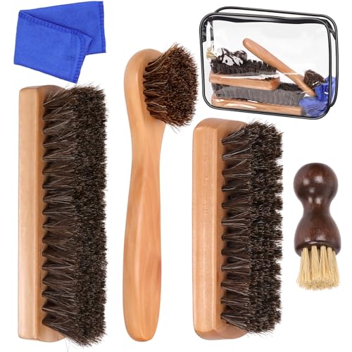 Glarks 6pcs 13.5cm 17.5cm 18cm Shoe Polishing Horsehair Brush Set, Leather Shoe and Boot Care Brush, Shoe Shine Kit with Microfiber Cloth and Clear Bag for Leather Shoes & Boots Care Kit