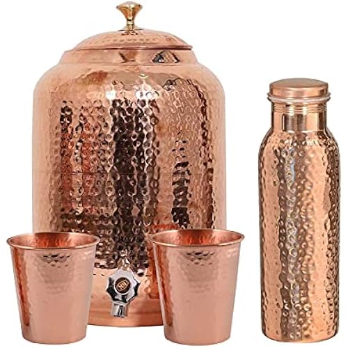 Pure copper drinkware water dispenser - 8L- hammered finish- Pot ayurveda health healing 8 Liter storage capacity water container tank with 2 matching tumbler glasses & 1 copper Bottle