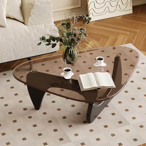 JCAJCA Glass Coffee Table for Living Room Mid Century Modern Triangle Center Table with Wooden Base, Brown/Black