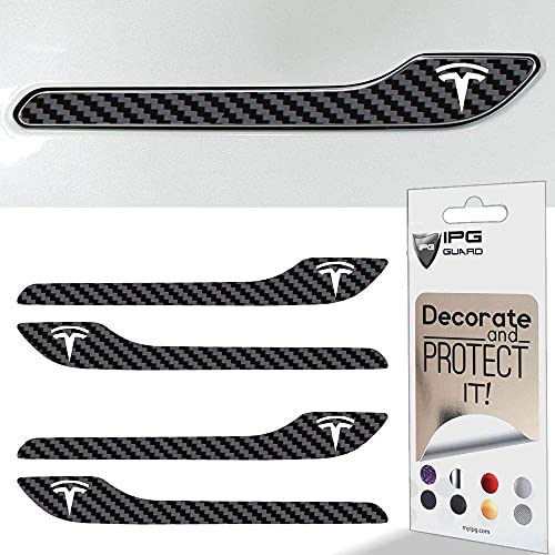 Image of IPG Compatible for Model 3 / Model Y /Juniper Door Handle Decal Sticker Wrap Kit (Set of 4) with Tesla Logo Personalize Your Tesla (Black Carbon Fiber)