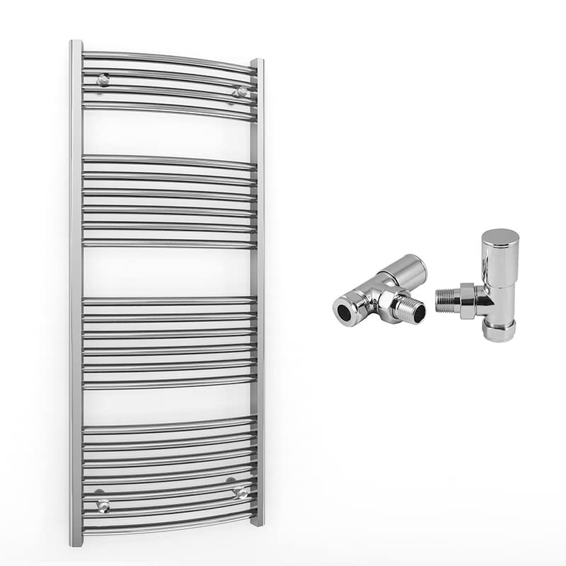 550mm Wide Curved Chrome Heated Bathroom Towel Rail Radiator With Valves For Central Heating UK (With Angled Valves, 550 x 1200 mm (h))