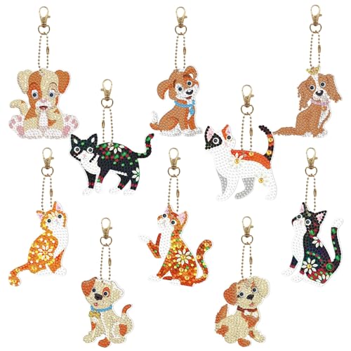 DNWFZ Diamond Painting Llaveros 10 Piezas 5D Llavero Pintura Diamante Gato Diy Cuadro Diamantes Llavero Perro Mujer Niña para Teléfono Mochila Billetera Monedero Bolso Infantil Artesanía