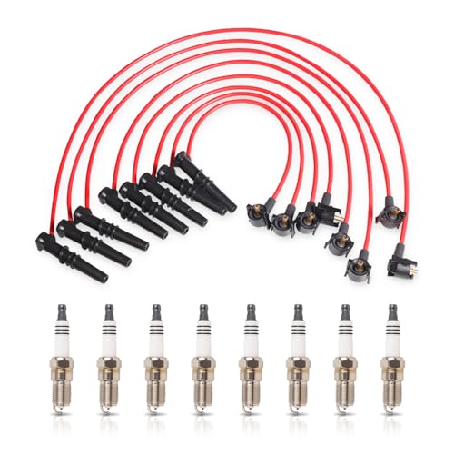 ENA Set of 8 Platinum Spark Plug and Red Wire Set Ford