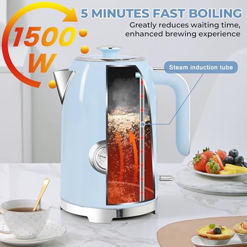 Image of SUSTEAS Electric Kettle - 57oz Hot Tea Kettle Water Boiler with Thermometer, 1500W Fast Heating Stainless Steel Tea Pot, Cordless with LED Indicator, Auto Shut-Off & Boil Dry Protection, Blue
