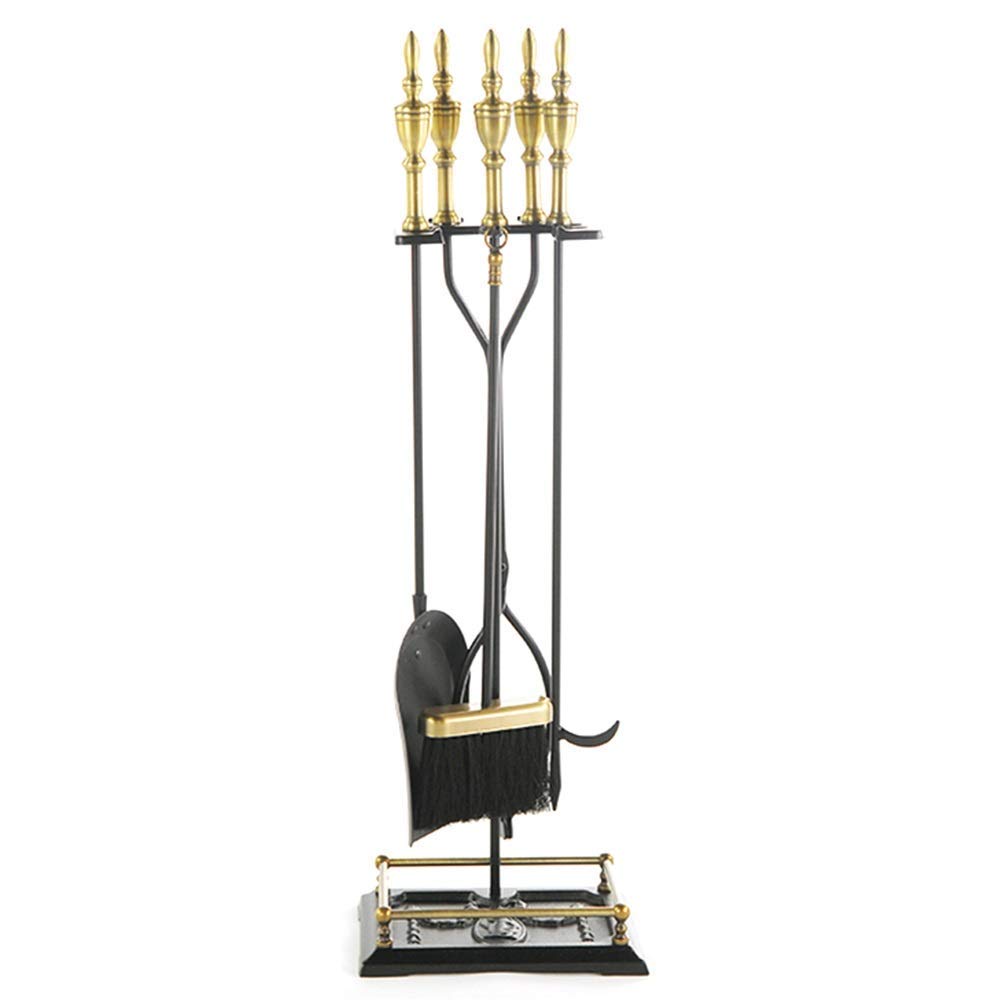 Set di attrezzi per camino, 5 pezzi di attrezzi per camino con manico dorato, set completo di attrezzi per camino in ferro battuto e supporto per camino da esterno, include supporto per braciere, pin