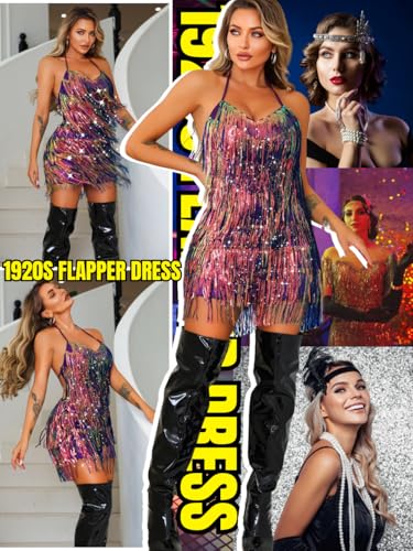 Image of Kaei&Shi Sequin Fringe Romper,Sparkly Glitter Metallic Jumpsuits For Women,Backless Shorts Dress Disco Birthday Dance Outfit