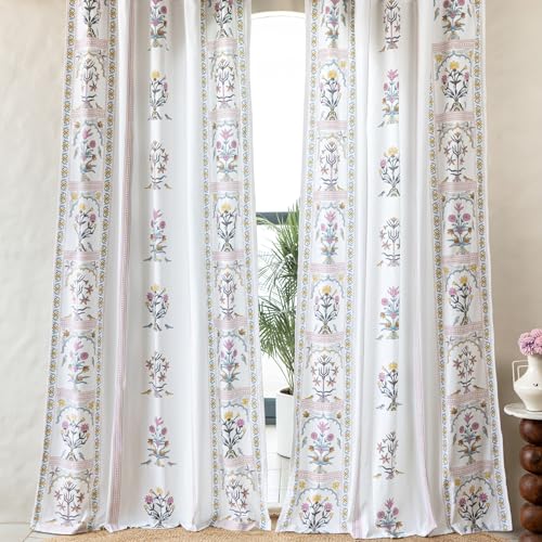 Image of Tranquebar Curtain Co. Cotton Curtains 7 Feet Long Set of 2, 60-65% Room Darkening, Pink Ethnic Curtains Floral Print, Door Curtains 7 Feet Set of 2, with Eyelet, Sashi (213 cm) - Set of 2