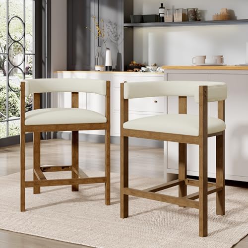 Christopher Knight Home Set de 2 Butacos Modernos Tapizados de Tela Altura Mostrador para Comedor, Taburetes de Madera de Caucho para Isla de Cocina, Sillones con Reposapiés y Respaldo Curvo, Beige y Nogal miniatura 3