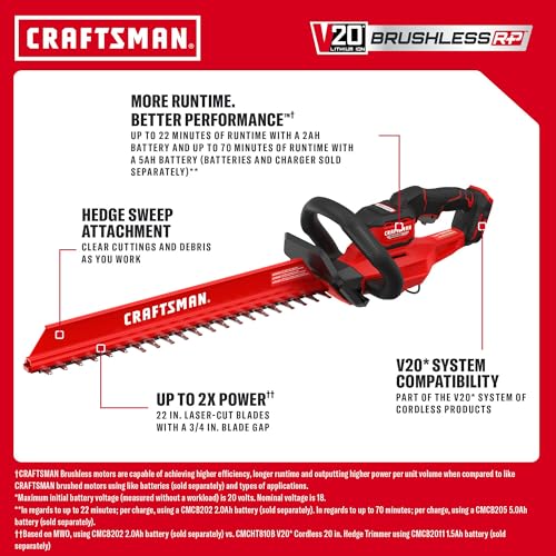 CRAFTSMAN V20 Brushless RP 22 in. Cordless Hedge Trimmer, Lightweight Bush Trimmer with Hedge Sweep Attachment, Up to 2X Power, Longer Runtime, Tool Only (CMCHT830B) - image 6