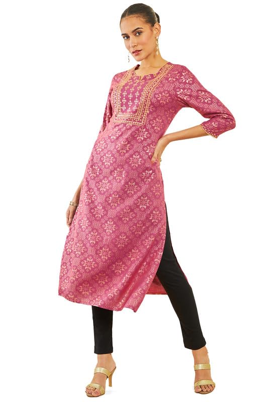 Image of Soch Womens Rayon Kurta with Geometric Print and Ethnic Embroidery