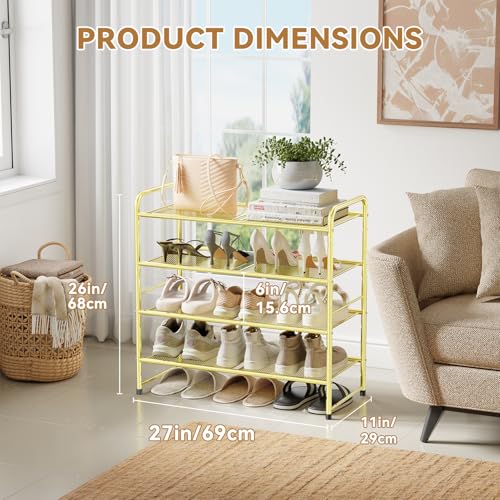 Image of Modern Shoe Rack, 4 Tier Heavy Duty Metal Mesh Shoe Shelf 27 Inch Wide, Gold