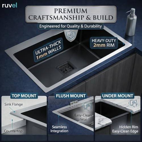 Image of RUVEL Kitchen Sink 24 inchx18 inchx9 inch | Premium Handmade 304 Grade Stainless Steel Single Bowl | Heavy Duty, Rust & Scratch Resistant | Includes Waste Coupling, Drain Rack & Hose Pipes | Black - Matt Finish