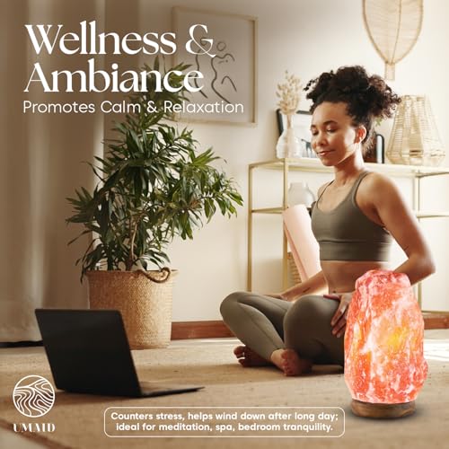 UMAID Himalayan Salt Lamp 8-10 inch (7-11 lb) with Dimmable Switch and Night Light Bulb on Handcrafted Wooden Base, Natural Pink Rock Salt Lamp
