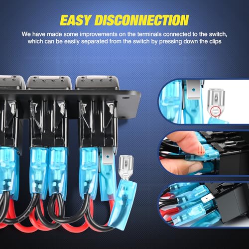 Nilight 6 Gang Rocker Switch Panel Waterproof Pre-Wired Aluminum Panels with PD Type C and USB Cigarette Lighter Socket Voltmeter 12V 24V ON Off Switches for Car Trucks Boats RVs Red by Nilight - Image 6