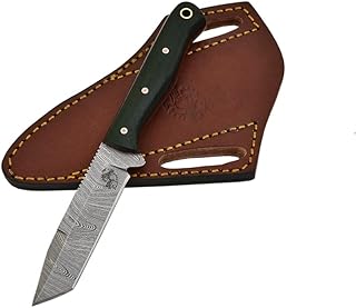 Knives Ranch Handmade Damascus Steel Slim Tanto Knife with Kale Green Burlap Micarta Handle Fine Quality 45 Degree Sheath Snug Fit (3184-KALE) - Knives Ranch