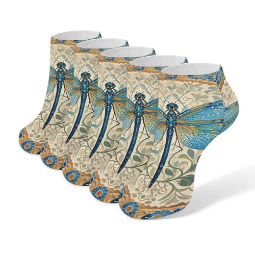 Hand Painted Blue Dragonfly Ankle Socks 5 Pairs Low Cut Non Slip No Show Socks Comfortable Athletic Socks for Women Men