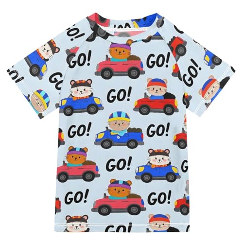 ALAZA Kids Rash Guard Boys Toddler Swim Shirts Short Sleeve Cat Car Go UPF 50+ 3T