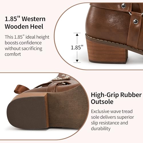 Image of Aomigoct Western Cowboy Boots for Women: Leather Mid Calf Fashion Chunky Cowgirl Boot Pointed Toe