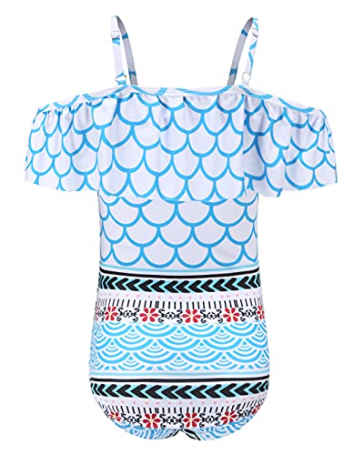 Image of Girls One Piece Swimsuits Off Shoulder Bathing Suit Kids Hawaiian Floral Swimwear 3-16 Years