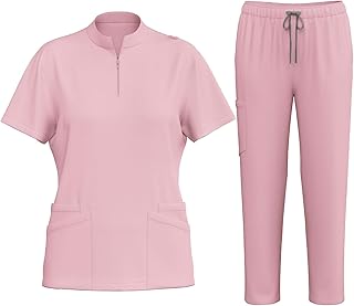 Conjunto de uniforme médico para mujer, color sólido, media cremallera, parte superior y pantalones, cuello en V, cómodo, con bolsillos, ropa de trabajo, enfermera, centro de belleza