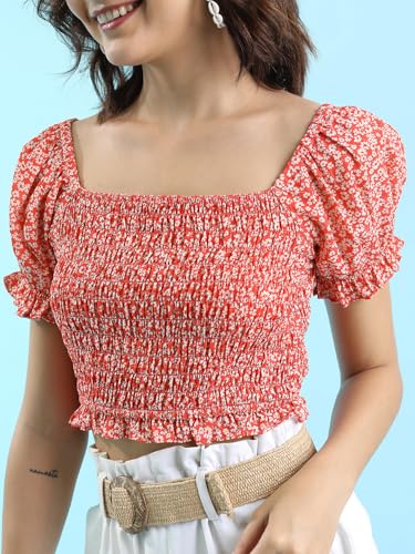Image of Tokyo Talkies Women's Floral Print Puff Sleeve Crop Top | Cinched Waist | Chic & Feminine | Perfect for Brunch & Casual Outings | Tops for Woman | Women Tops | Women Crop Top