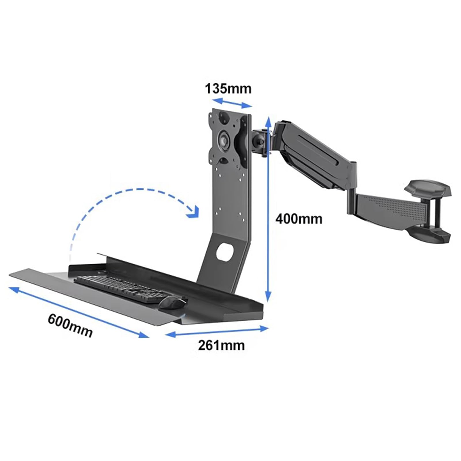 Postazione di lavoro sit-stand da parete per monitor singolo e tastiera, braccio con molla a gas, altezza e angolo regolabili, carico massimo 22 kg, adatto a display da 17"-35"