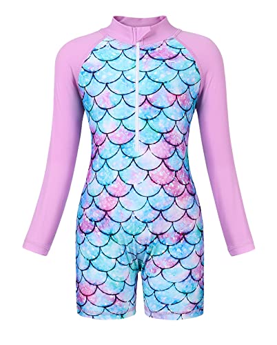 Image of Girls Swimwear Rash Guard One Piece Swimsuit Kids Bathing Suit Sunsuit | Mermaid /Floral Swim Suit UPF 50+ Sunsuit 2-10 Years