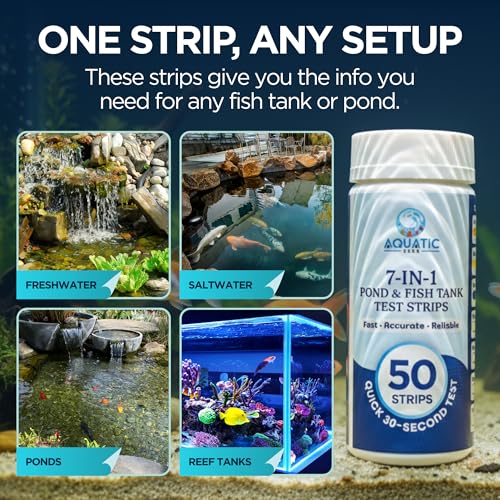 Image of Pond Test Strips 7-in-1 (50 Pack) - Fish Tank & Pond Water Testing Kit for Freshwater & Saltwater - Quick & Accurate Aquarium Water Test Kit for pH, Nitrate, Nitrite, Hardness