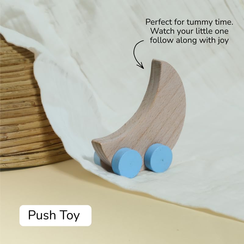 Image of Baby Gift Set - Chand Tara | Newborn Gift Set with Muslin Swaddle, Wooden Rattle, Rolling Toy & Neem Wood Teether | Handmade in India | Non Toxic Baby Gift