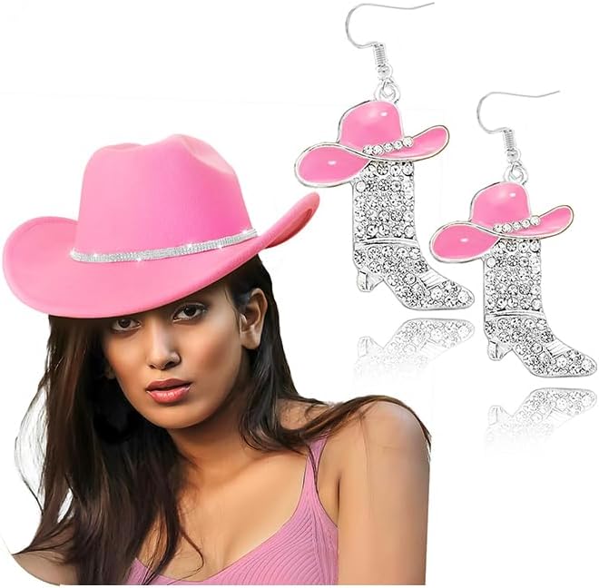 Cowboy Hat Rhinestone Cowgirl Boots Earrings Set Western Earring Felt Fedora Jazz Hat Rodeo Outfit for Women Size M - Image 8