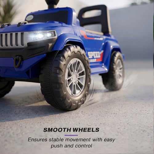 Image of Baybee Speedy Baby Ride on Car for Kids | Portable Kids Car with LED Lights, Music & Storage Basket | Push Toy Cars with High Backrest | Toddler Rideons Jeep for 1 to 3 Years Boys Girls (Blue)