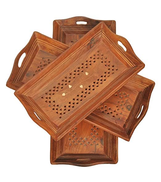 WENEX CRAFTS Wooden Serving Trays with Handle Tray Large, Medium and