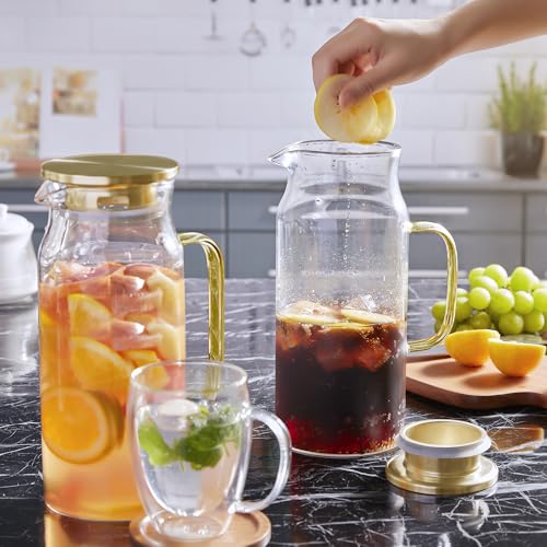 Image of Bivvclaz 2 Pack 2 Liter 68 oz 2.1 Qt Gold Glass Pitcher with Lid and Handle, Water Pitcher for Fridge, Glass Carafe for Hot /Cold Water, Large Iced Tea Jug for Coffee, Juice and Homemade Beverage