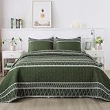 Andency Green Quilt Set Oversized King (118x120 Inch), 3 Pieces(1 Striped Triangle Printed Quilt and 2 Pillowcases), Bohemian Summer Lightweight Reversible Microfiber Bedspread Coverlet