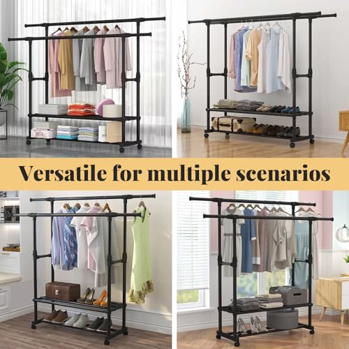 Forhandy Freistehender Doppelruten Kleiderbügel, 150*150*75cm Ausziehbar Kleiderständer auf Rollen Multifunktionaler Metall Kleiderständer mit 2 Lagen Staufächer für Mäntel, Taschen, Schuhe, Stiefel