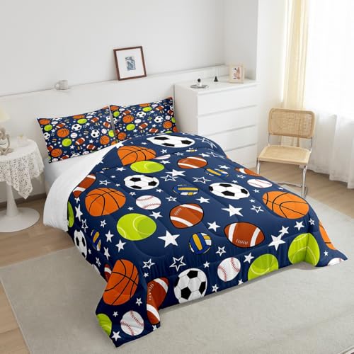 Image of Feelyou Sports Theme Bedding Set Twin Size Basketball Football Baseball Tennis Comforter Set for Kids Boys Girls Teens Toddler Sports Game Duvet Set Navy Blue Quilt Set 2Pcs, Queen