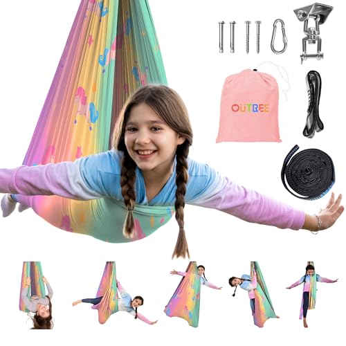 OUTREE Sensory Swing for Kids Double Layer Therapy Hammock Indoor Swing with 360 Swivel Hanger Kit and Adjustable Straps Autism Sensory Product for Autism ADHD (Unicorn Printed)
