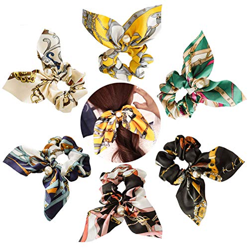 Hair Scrunchies 6 Pack Elastic Hair Bands Chiffon Bowknot Pearls Hair Ties Scrunchie Ropes Ponytail Holder Rope Hair Accessories for Women and Girls