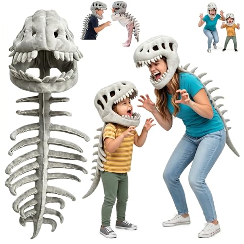 NatureHaven 3D Silly Wearable Dinosaur Skeleton Costume Realistic Spinosaurus Skull Headpiece with Plush Spine for Halloween Cosplay Dress-Up Party and Photos (Kids)
