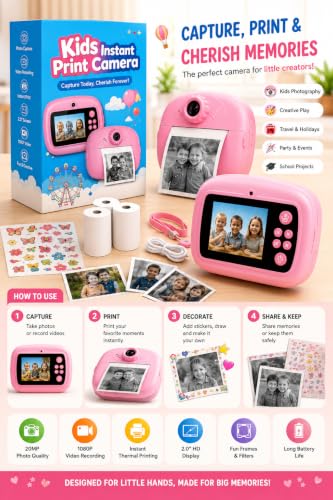 Image of Kids Instant Print Camera - Portable Digital HD Photo & Video Camera for Kids, Built-in Games, Educational Learning Toy for Boys & Girls, Includes 2 Print Rolls, for Birthdays