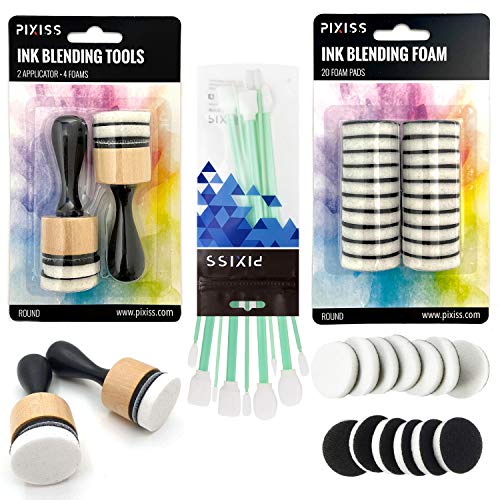 Pixiss Mini Ink Blending Tools, 2 Pack Round with 24 Replacement Foam Pads, 10 Stick Blending Tools for Distressing, Blending and More