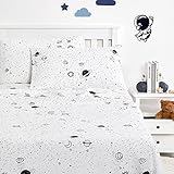 Wake In Cloud - Space Bed Sheets for Boys, 100% Cotton, 4-Piece Sheet Set Kids, Galaxy Celestial Stars Rockets Sun Moon Pattern Printed Bedding, Deep Pocket, White, Twin Size