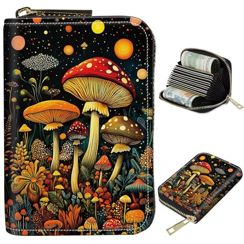 Image of Cute Credit Card Holder with Zipper, Magic Colorful Mushrooms RFID-Blocking Card Case Small Wallet for Women Men, Multi-slot Card Organizer Case Travel Accordion Wallet