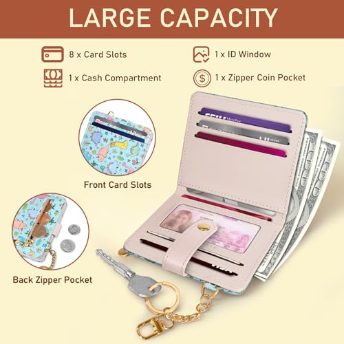 Image of Jogjam Cute Dinosaur Rfid Girls Girly Teen Wallet, Small Slim Thin Compact Travel Credit Card Women Wallet, PU Leather Bifold Cash Zipper Coin Pocket ID Window for Female Ladies Gifts