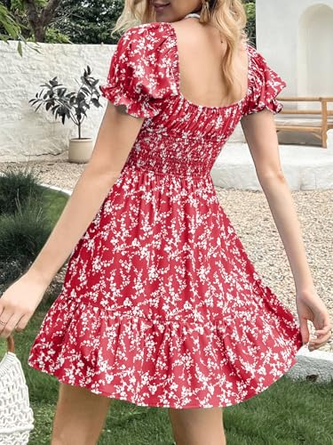 Image of Imily Bela Womens Summer Dress Ruffle Sleeve Sqaure Neck Smocked Sun Dress Casual Boho Beach Floral Mini Dress